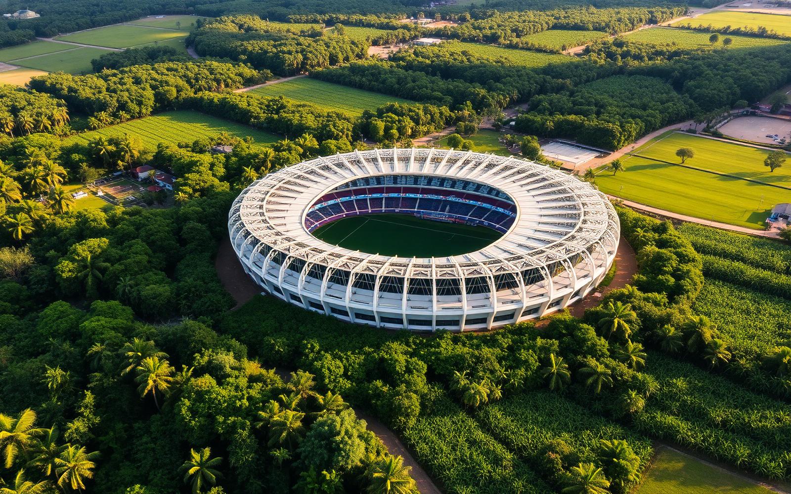 Vista aérea del Estadio Coruco Díaz rodeado de cañaverales